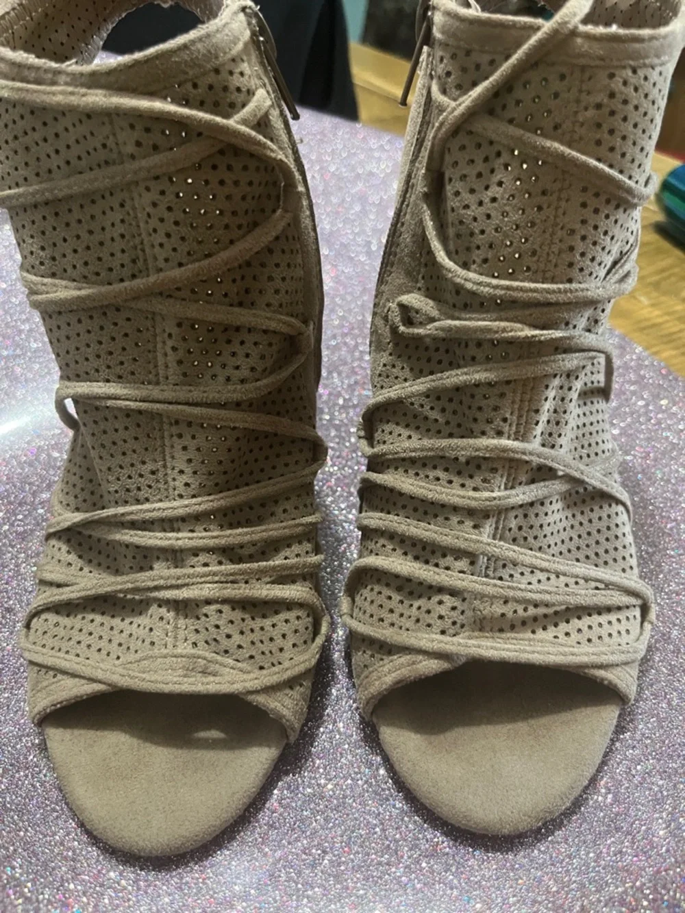 Women’s Suede Lace-Up Peep Toe Booties in Taupe
